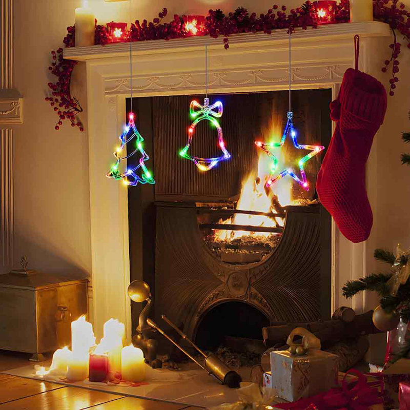 Timer 3Pcs Christmas Window Lights Decorations Battery Powered Christmas Window Hanging Multicolor Lighted Tree Bell Star Shaped LED Sucker For Xmas